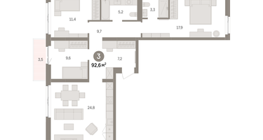 3-к. квартира, 92&nbsp;м²