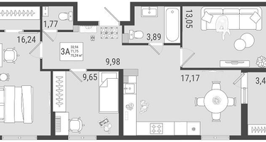 3-к. квартира, 73 м²