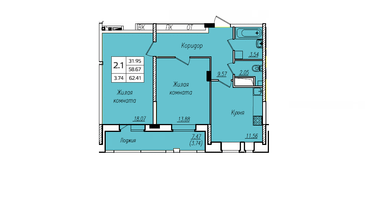 2-к. квартира, 62&nbsp;м²