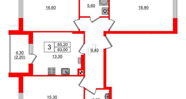 3-к. квартира, 85&nbsp;м²