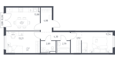 2-к. квартира, 57&nbsp;м²