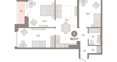 3-к. квартира, 80&nbsp;м²