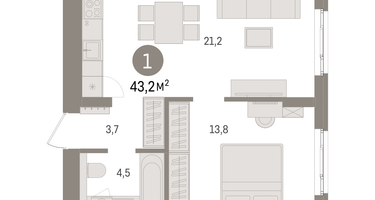 1-к. квартира, 43&nbsp;м²
