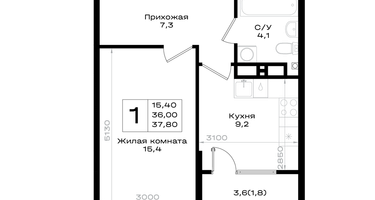 1-к. квартира, 37&nbsp;м²