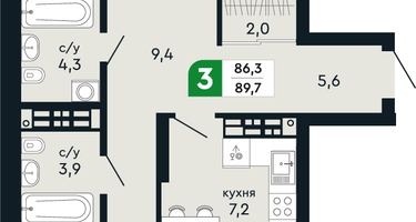 3-к. квартира, 89&nbsp;м²