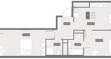 2-к. квартира, 61 м²
