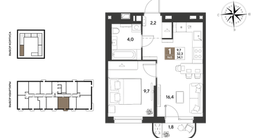 1-к. квартира, 34 м²