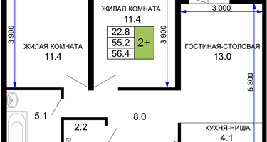 2-к. квартира, 57&nbsp;м²