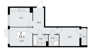2-к. квартира, 54&nbsp;м²