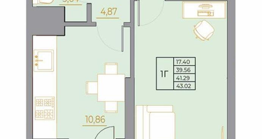 1-к. квартира, 43&nbsp;м²