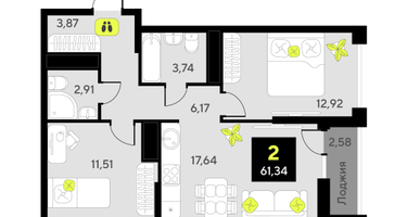 2-к. квартира, 61 м²