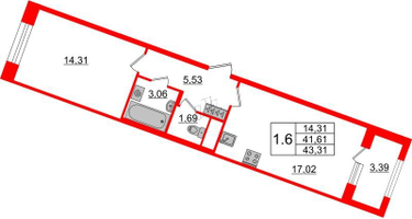1-к. квартира, 41&nbsp;м²