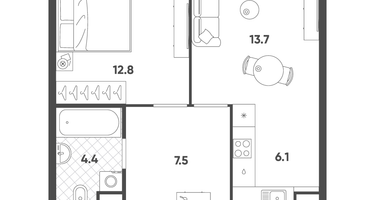 2-к. квартира, 44&nbsp;м²