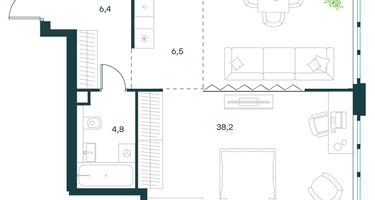 1-к. квартира, 55&nbsp;м²
