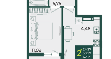2-к. квартира, 42&nbsp;м²