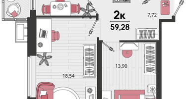 2-к. квартира, 58&nbsp;м²