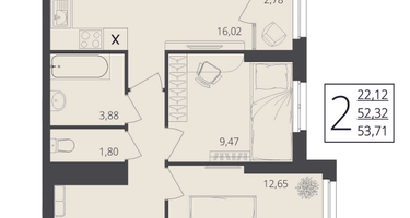 2-к. квартира, 54&nbsp;м²