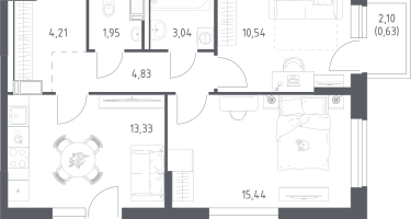 2-к. квартира, 54&nbsp;м²