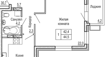 1-к. квартира, 44&nbsp;м²