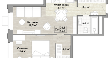 1-к. квартира, 45&nbsp;м²