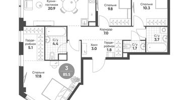 3-к. квартира, 85&nbsp;м²