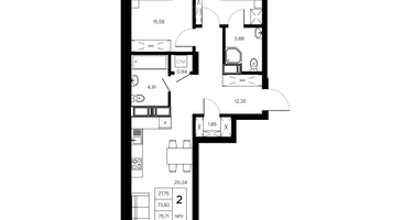 2-к. квартира, 75&nbsp;м²