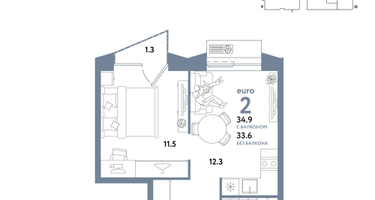 2-к. квартира, 34&nbsp;м²