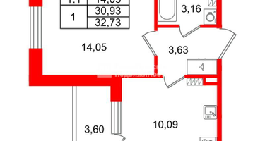 1-к. квартира, 30&nbsp;м²