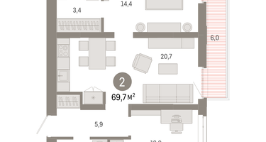 2-к. квартира, 69&nbsp;м²