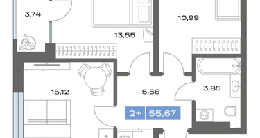 2-к. квартира, 55 м²