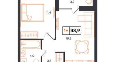 1-к. квартира, 38 м²