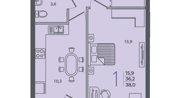 1-к. квартира, 38 м²