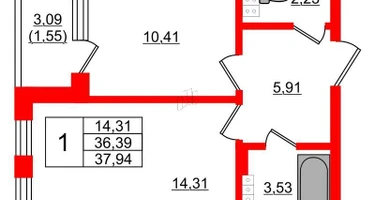 1-к. квартира, 37&nbsp;м²