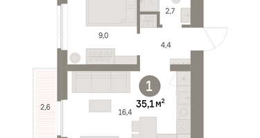 1-к. квартира, 35 м²