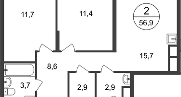 2-к. квартира, 56&nbsp;м²