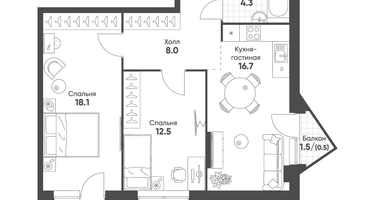 2-к. квартира, 60&nbsp;м²