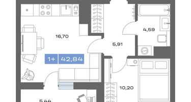 1-к. квартира, 42 м²