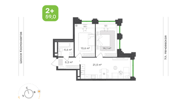 2-к. квартира, 59&nbsp;м²