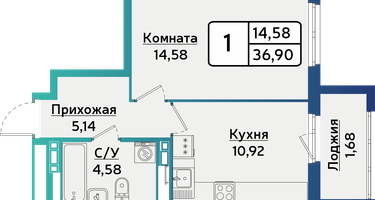 1-к. квартира, 37 м²