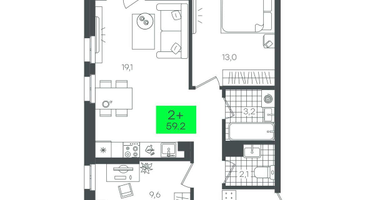 2-к. квартира, 59 м²