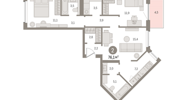 2-к. квартира, 76&nbsp;м²