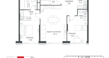2-к. квартира, 89&nbsp;м²