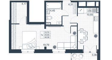1-к. квартира, 45&nbsp;м²