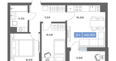 2-к. квартира, 49&nbsp;м²