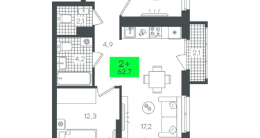 2-к. квартира, 62 м²