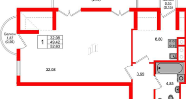 1-к. квартира, 52&nbsp;м²