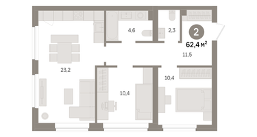 2-к. квартира, 62 м²
