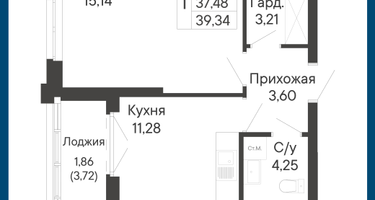 1-к. квартира, 39&nbsp;м²