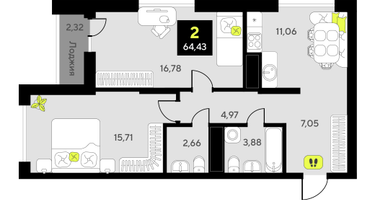 2-к. квартира, 64&nbsp;м²