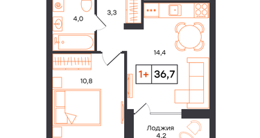 1-к. квартира, 36 м²